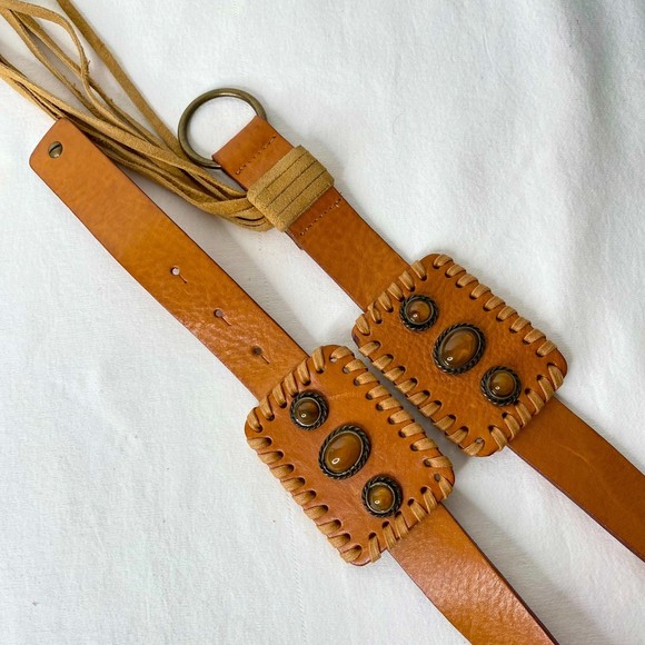 Albatross Italian Leather Belt Womens Size Medium Tan Amber Stones Tassel main image 12